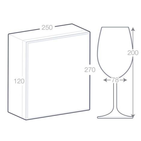Coffret de deux verres à vin en verre, schéma technique, 270 × 250 × 120 mm (coffret) et 200 × 78 mm (verres).