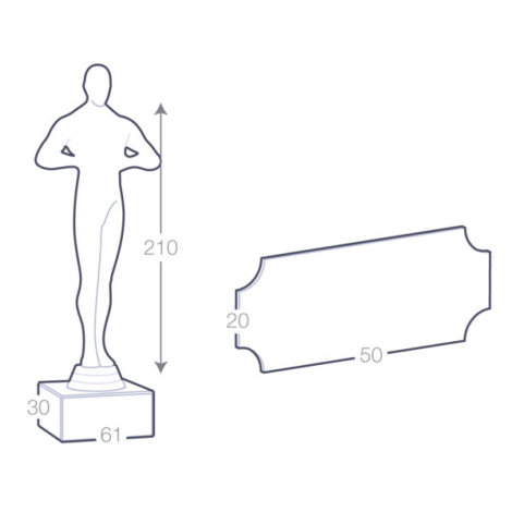 Schéma technique d’une statuette Oscar sur socle rectangulaire avec plaque décorative à part