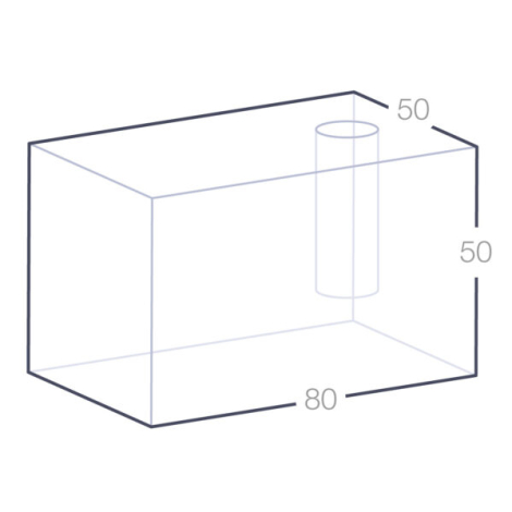 Schéma technique d’un porte-stylo en verre rectangulaire avec emplacement cylindrique, 80 × 50 × 50 mm.