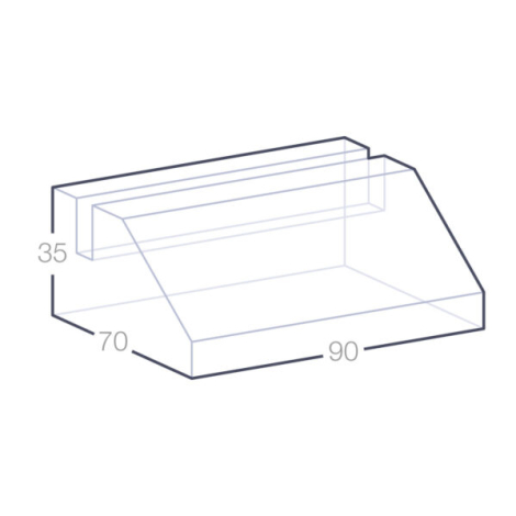 Schéma technique d’un porte-cartes en verre rectangulaire incliné, 90 × 70 × 35 mm.