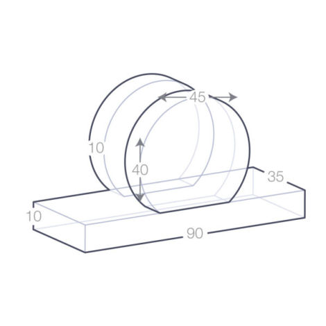 Porte-cartes en verre avec base rectangulaire et support rond, schéma technique, dimensions 90 × 35 × 10 mm et 45 × 40 × 10 mm