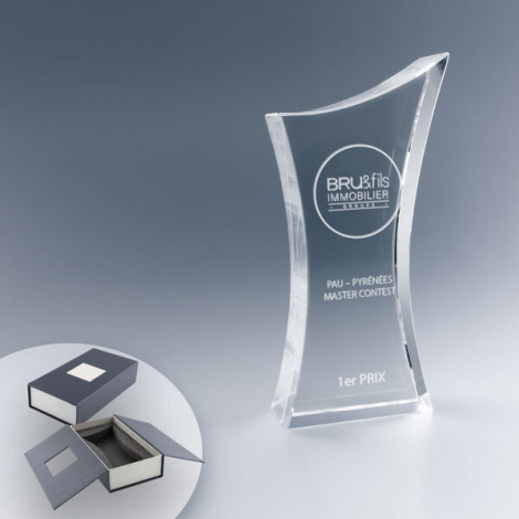 Trophée en verre incurvé élancé en coffret rigide, marquage gravé en face avant.