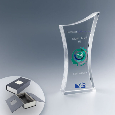 Trophée en verre incurvé élancé en coffret rigide, marquage couleur en face avant.