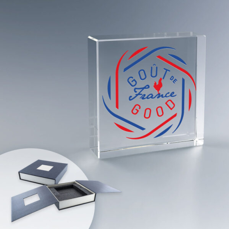 Trophée carré en verre en coffret rigide, marquage couleur en face avant.