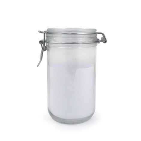 Bocal en verre transparent avec couvercle métallique hermétique et languette de verrouillage, sans personnalisation visible.