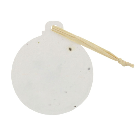 Décoration ronde en papier blanc à inclusions avec ficelle naturelle nouée pour l’attache, sans personnalisation visible.