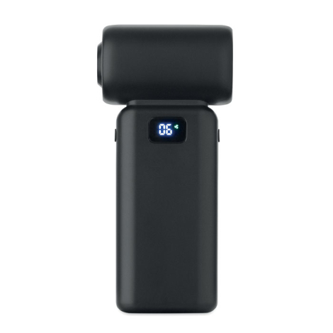 Ventilateur portable noir vu de face avec écran numérique rétroéclairé, sans marquage.