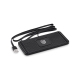 Chargeur noir rectangulaire avec câble USB intégré, marquage visible au centre.