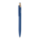 Stylo bleu en aluminium recyclé avec clip métallique et bouton poussoir en bambou, marquage visible sur le corps.