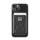 Porte-cartes magnétique noir fixé au dos d’un smartphone, avec carte insérée, marquage visible sur la face avant.