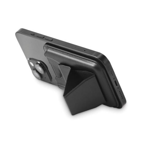 Porte-cartes magnétique noir en PU utilisé comme support horizontal d’un smartphone, sans personnalisation visible.