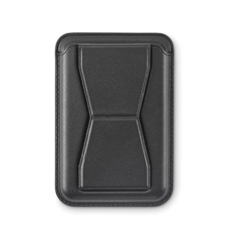 Porte-cartes magnétique noir en PU, photographié seul de face sur fond uni, sans marquage visible.