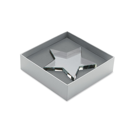 Trophée en verre étoile présenté dans une boîte carrée ouverte avec intérieur rembourré, sans marquage visible.