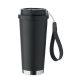 Gobelet isotherme double paroi noir mat de 500 ml avec couvercle à vis et dragonne en tissu, sans personnalisation visible.