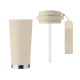 Gobelet isotherme beige mat de 500 ml présenté avec couvercle dévissé et dragonne assortie, sans personnalisation visible.