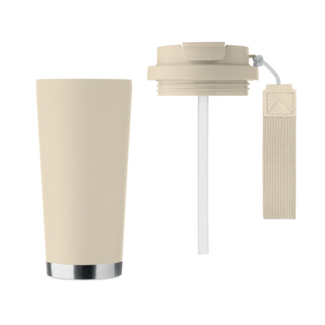Gobelet isotherme beige mat de 500 ml présenté avec couvercle dévissé et dragonne assortie, sans personnalisation visible.