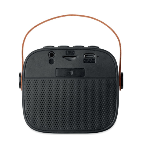 Enceinte noire vue de dos avec connectiques apparentes et poignée marron, sans personnalisation.