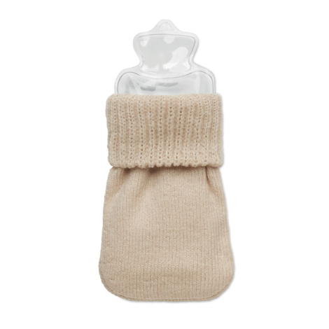 Chaufferette beige en tricot avec revers côtelé et poche transparente, sans personnalisation visible.