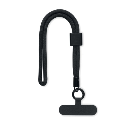 Cordon noir recyclé plié en deux avec attache et fixation pour smartphone, sans personnalisation visible.