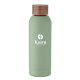 Bouteille vert clair avec bouchon en bois, présentée de face, marquage visible sur la face avant.