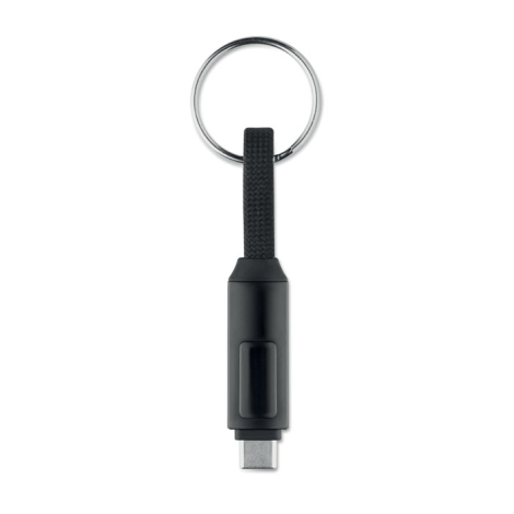 Porte-clés noir avec câble de charge intégré et anneau métallique, présenté de face, sans personnalisation visible.