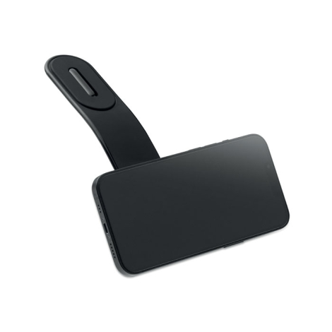 Support noir avec téléphone horizontal sur la surface magnétique, sans marquage visible.