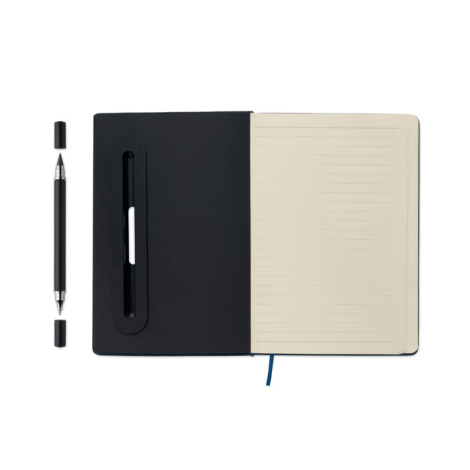 Carnet A5 ouvert avec pages lignées visibles et stylo noir séparé, sans personnalisation visible.