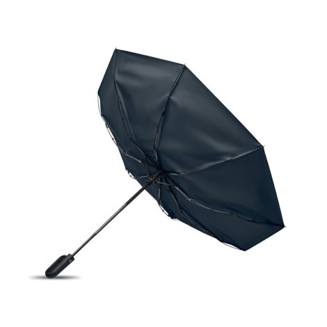 Parapluie noir de 21 pouces ouvert de profil, structure renforcée contre le vent, sans personnalisation visible.
