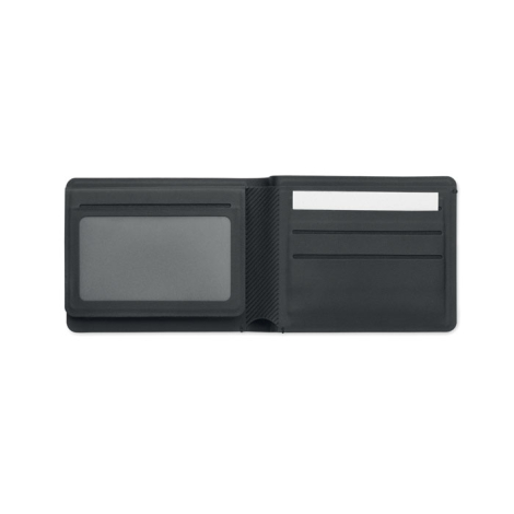Portefeuille PU ouvert avec compartiments cartes et emplacement transparent, sans personnalisation visible.