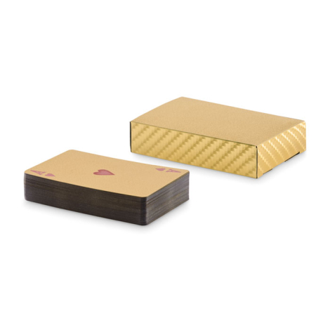 Jeu de cartes dorées avec boîte assortie présenté séparément sur fond uni, sans personnalisation visible.