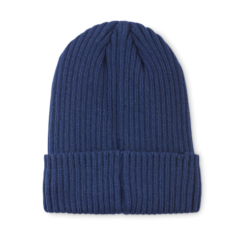 Bonnet tricoté bleu avec revers présenté de face, sans étiquette ni personnalisation apparente.