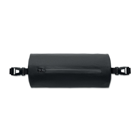 Sac de sport cylindrique noir vu de dessus avec fermeture zippée centrale et attaches aux extrémités, sans personnalisation visi Sac de sport cylindrique noir vu de dessus avec fermeture zippée centrale et attaches aux extrémités, sans personnalisation visi