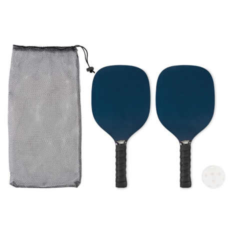 Deux raquettes bleues superposées avec poignées noires, balle blanche à côté, marquage visible au centre de la première raquette