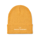 Bonnet tricoté jaune moutarde avec revers, vu de face, marquage visible au centre du revers.