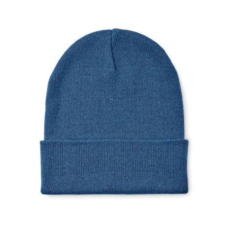 Bonnet tricoté bleu uni avec revers, vu de face.
