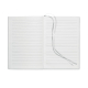 Carnet de notes A5 ouvert à pages lignées blanches avec deux rubans marque-pages posés au centre.