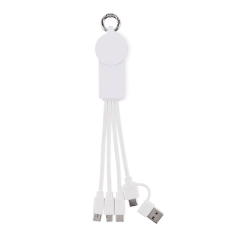 Câble multi-connecteurs blanc à plat avec cinq embouts et anneau métallique en haut.