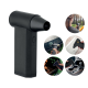 Ventilateur portable noir compact en forme de pistolet, présenté de face avec vignettes d’usages (extérieur, matelas, clavier, b