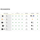 Tableaux d’accessoires pour lanyards avec visuels et caractéristiques (largeurs, matières, couleurs, disponibilités).
