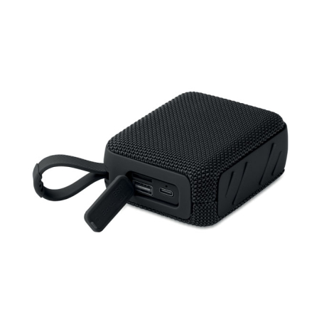 Enceinte noire vue de dos avec ports protégés et sangle latérale.