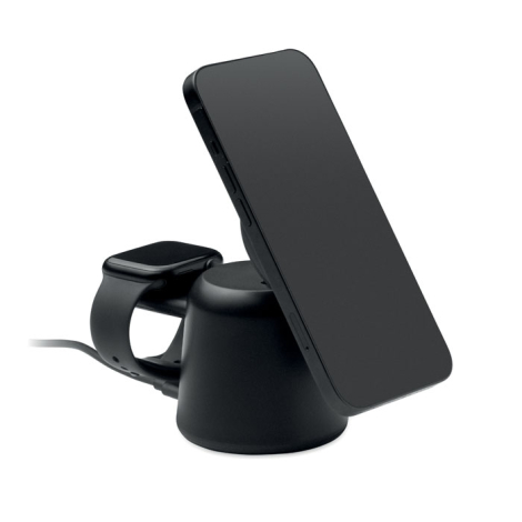 Station de charge noire utilisée pour recharger un smartphone incliné et une montre connectée à l’arrière.