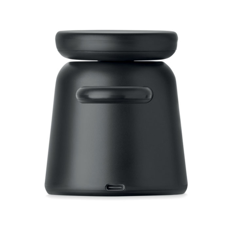 Station de charge noire vue de dos avec port USB-C et support arrondi pour accessoire.