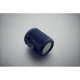 Enceinte cylindrique bleue en ABS vue de dos avec connectiques protégées par un cache souple et extrémités circulaires blanches.