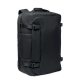 Sac de voyage noir en polyester avec grande poche principale zippée et sangles de compression latérales.