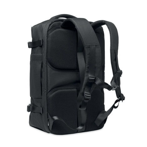 Sac de voyage noir vu de dos avec bretelles matelassées et zones renforcées en mesh.