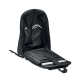Sac à dos noir ouvert montrant un compartiment rembourré pour ordinateur portable et poches intérieures pour accessoires.