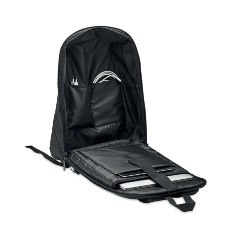 Sac à dos noir ouvert montrant un compartiment rembourré pour ordinateur portable et poches intérieures pour accessoires.