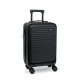 Valise trolley noire 20 pouces en ABS avec coque rigide à rainures horizontales et poignée télescopique, marquage visible sur la