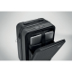 Valise trolley noire avec poche avant ouverte laissant apparaître un compartiment matelassé pour ordinateur portable et tablette