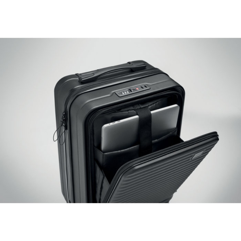 Valise trolley noire avec poche avant ouverte laissant apparaître un compartiment matelassé pour ordinateur portable et tablette